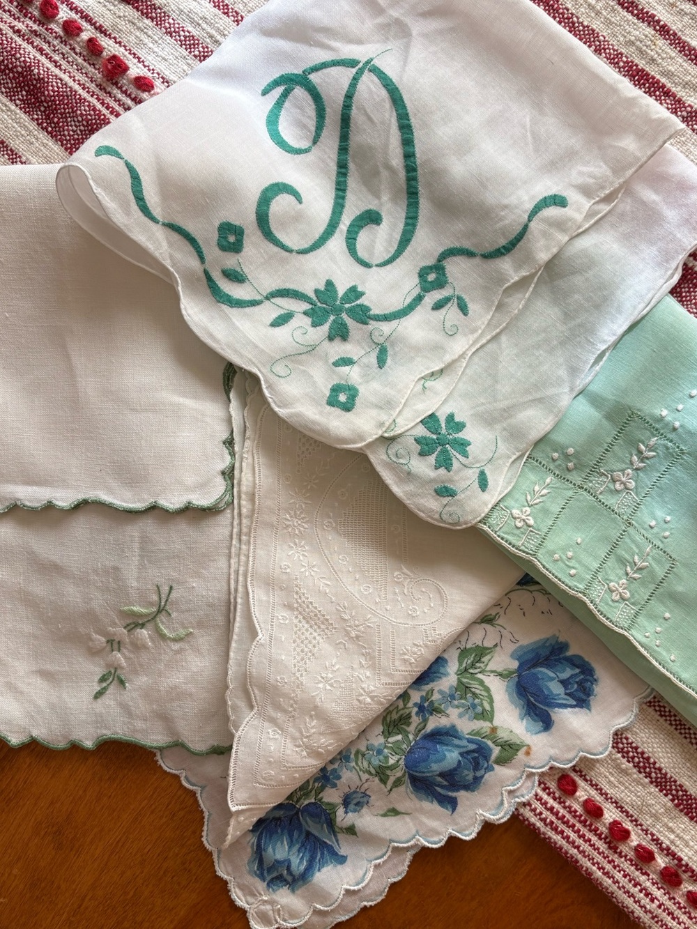 Vintage Embroidered Floral & D Monogram Handkerchief Set - Teal & Blue Accents